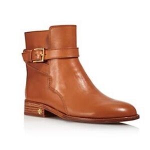 Tory Burch Brooke Tan/Brown Leather/Gold 1” Heel Ankle Boots Size 7 MSRP $428